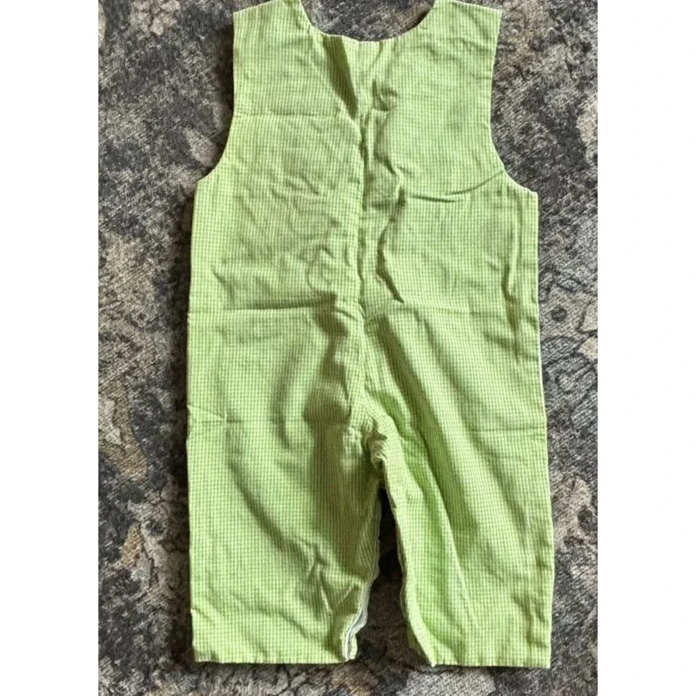 Le Za Me Baby 6M Reversible Mardi Gras Fleur de Lis Green Gingham Romper